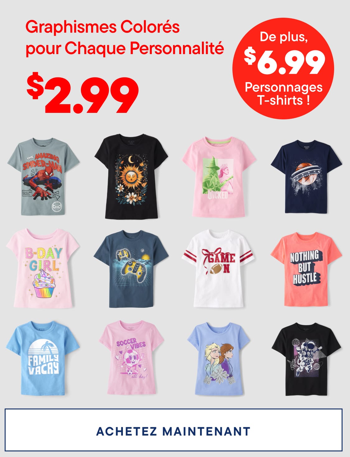 L'image présente une collection de t-shirts graphiques colorés et dynamiques, arborant divers motifs, personnages et textes.