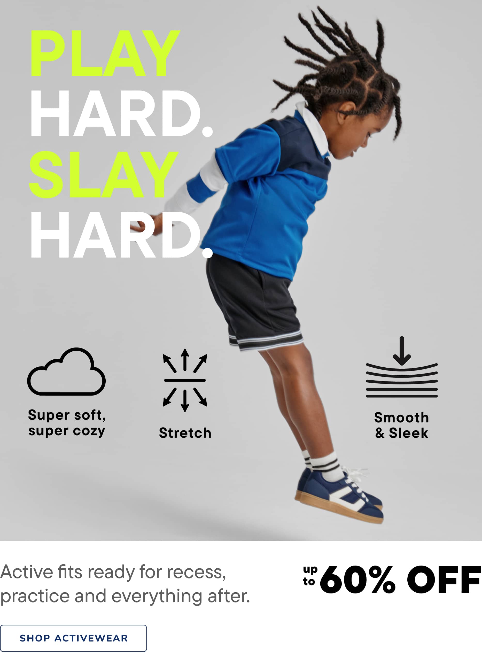The image features a young person wearing a blue shirt and shorts, jumping with their arms raised, against a background with text and icons related to activewear.