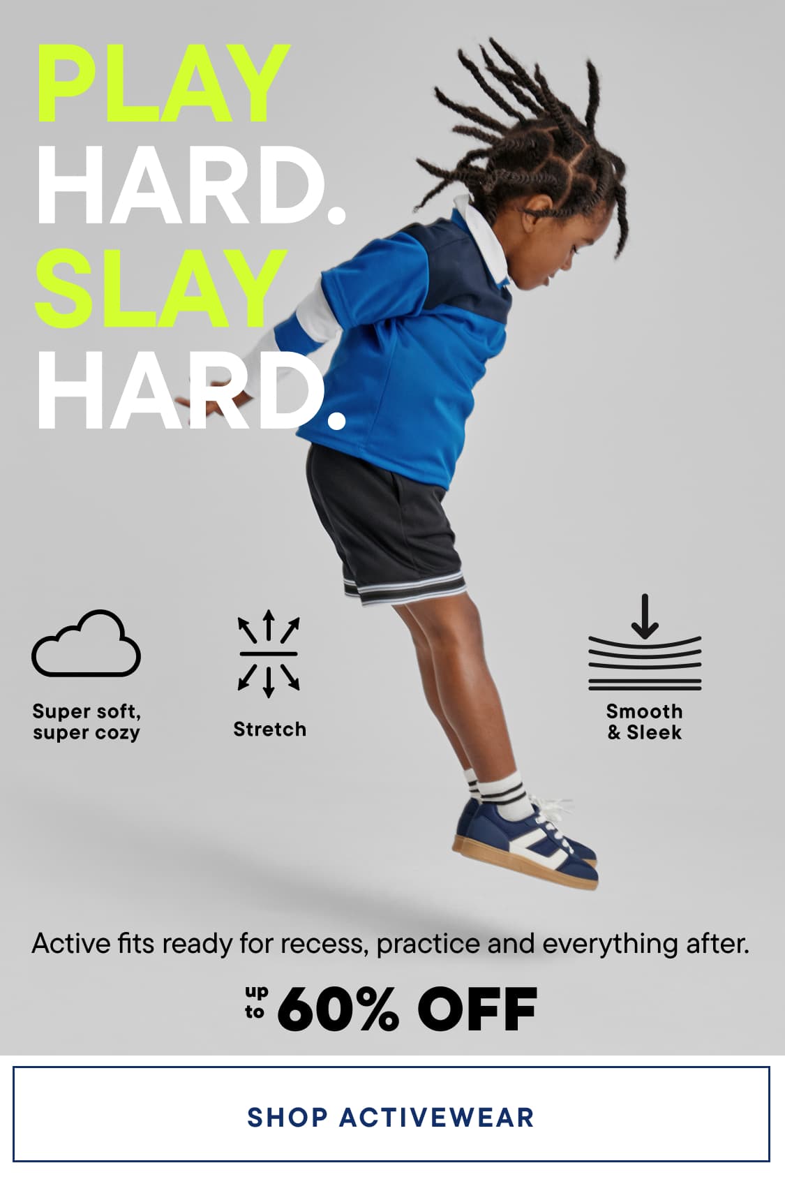 The image features a young person wearing a blue shirt and shorts, jumping with their arms raised, against a background with text and icons related to activewear.