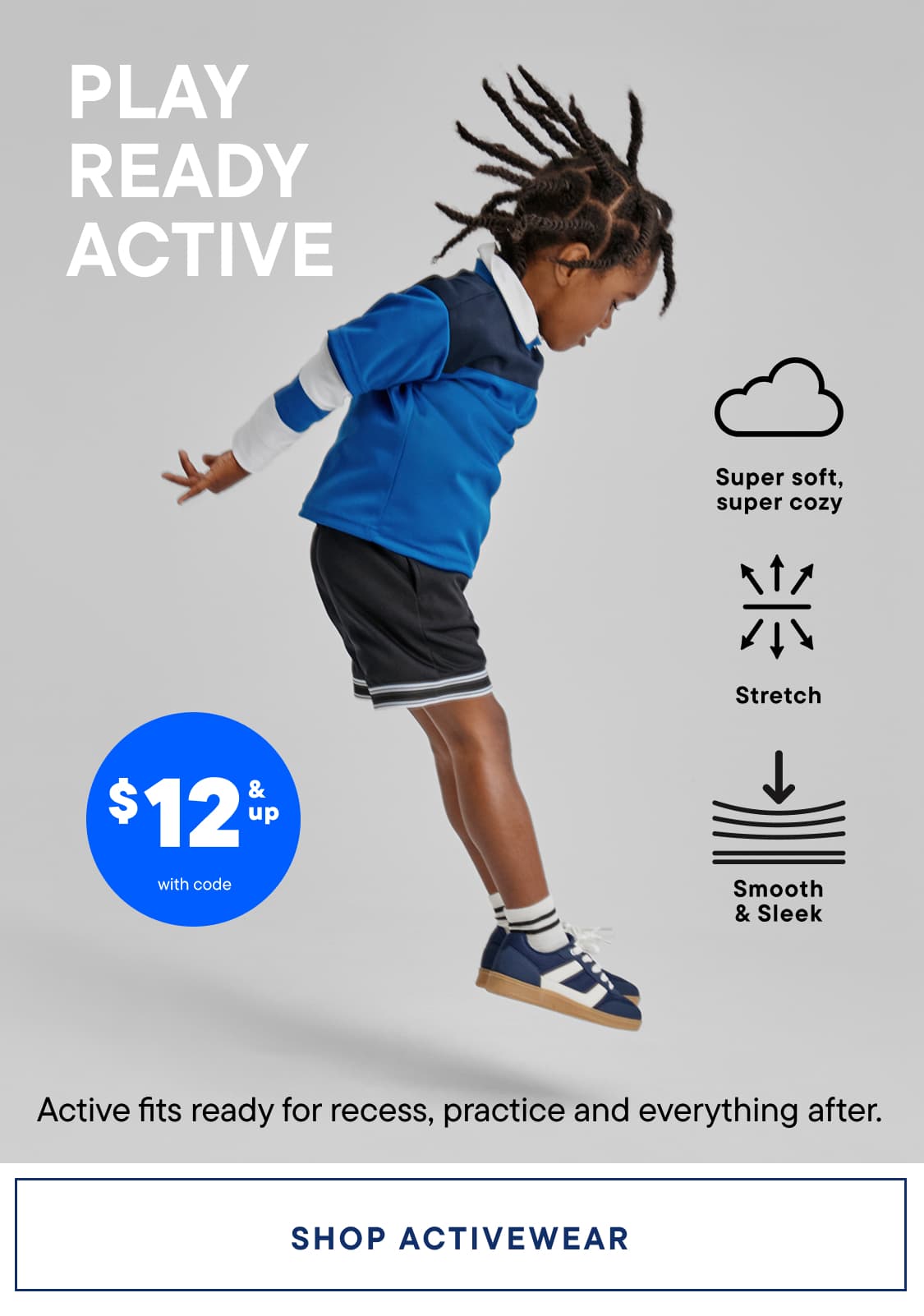 The image features a young person wearing a blue shirt and shorts, jumping with their arms raised, against a background with text and icons related to activewear.