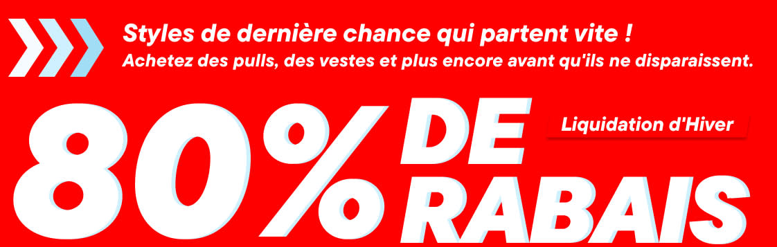 L'image présente un grand fond rouge avec un texte blanc indiquant « 30 % de réduction sur les pulls et les vestes » et « Ça part vite ! », signalant une vente ou une promotion sur divers articles vestimentaires.