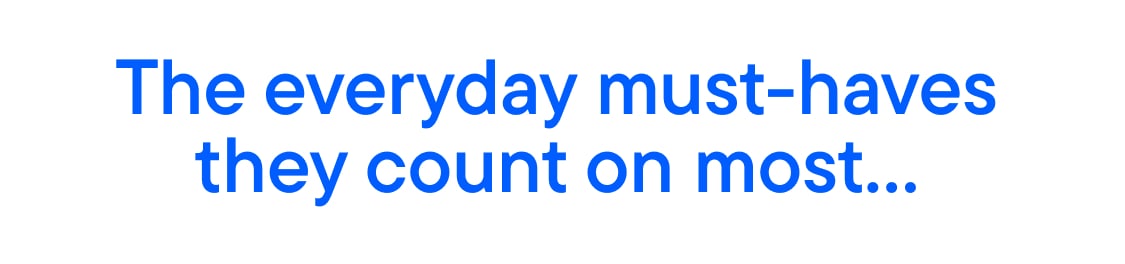 The image displays the text "The everyday must-haves they count on most…" in large blue letters against a white background.