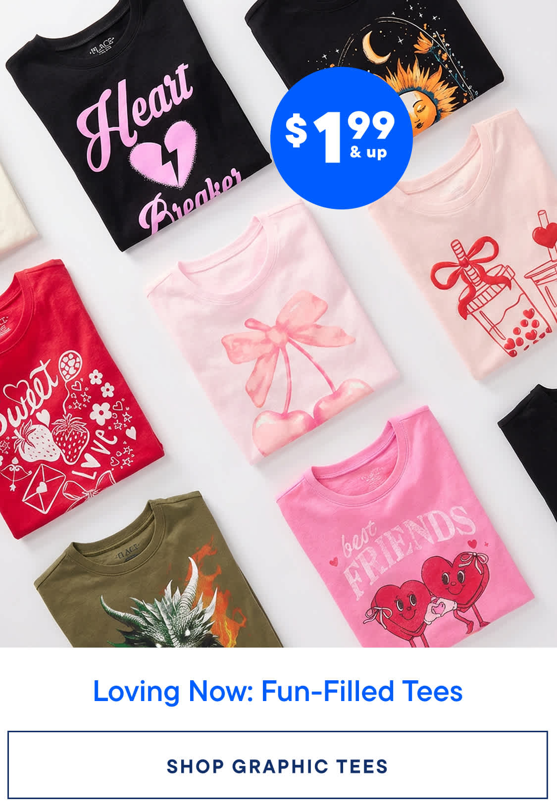 The image displays a collection of colorful graphic t-shirts featuring various designs and slogans, including hearts, sunbursts, and playful characters, against a plain white background with a price tag of $1.99 and up.