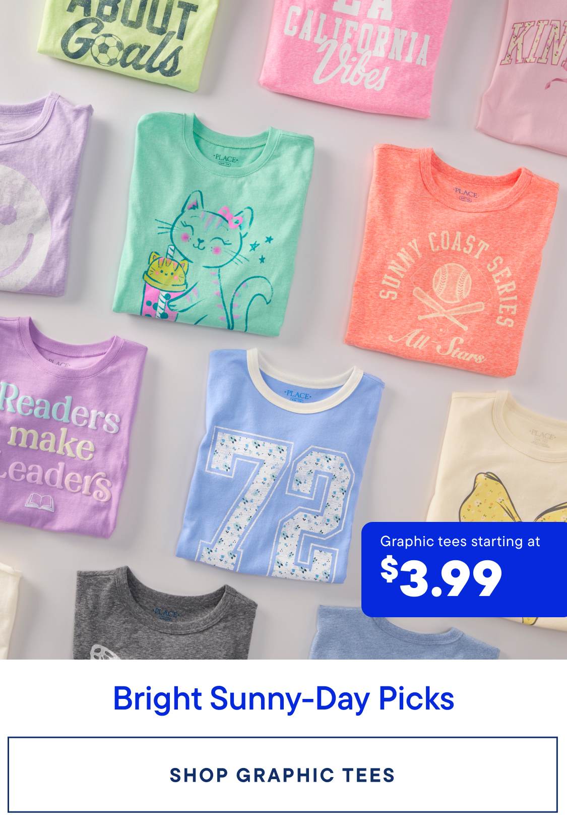 The image displays a variety of colorful graphic t-shirts, including designs featuring a cat, a sun logo, and text such as "About Geals" and "Cali Vibes". The shirts are arranged on a white background, with a price tag indicating "Graphic Tees starting at $3.99".