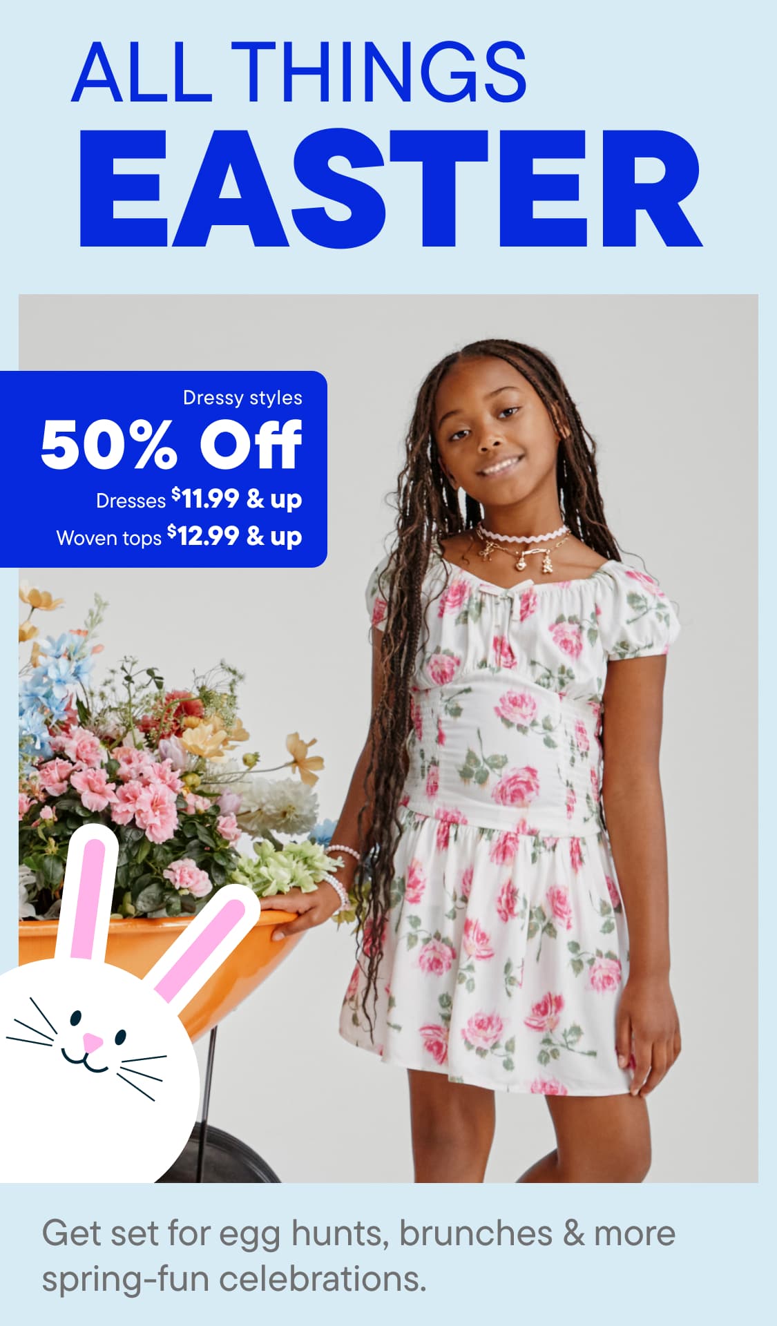 The image features a young person with curly hair wearing a light-colored outfit standing in front of large green plant-like structures against a light blue background.