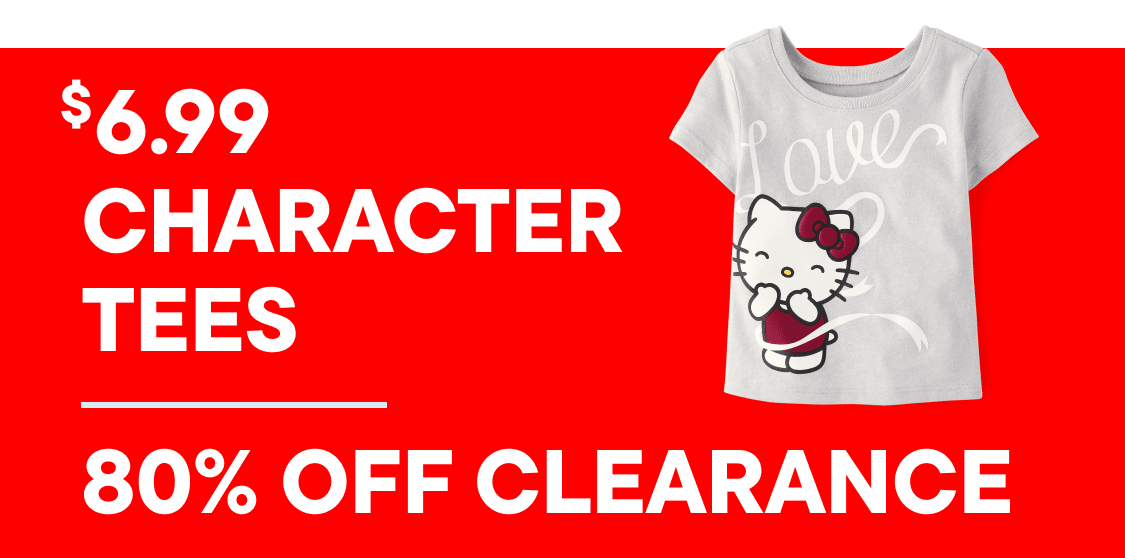 The image displays a large red sign with the word "up to 80% OFF CLEARANCE" and the price "$6.99 CHARACTER TEES" prominently displayed.