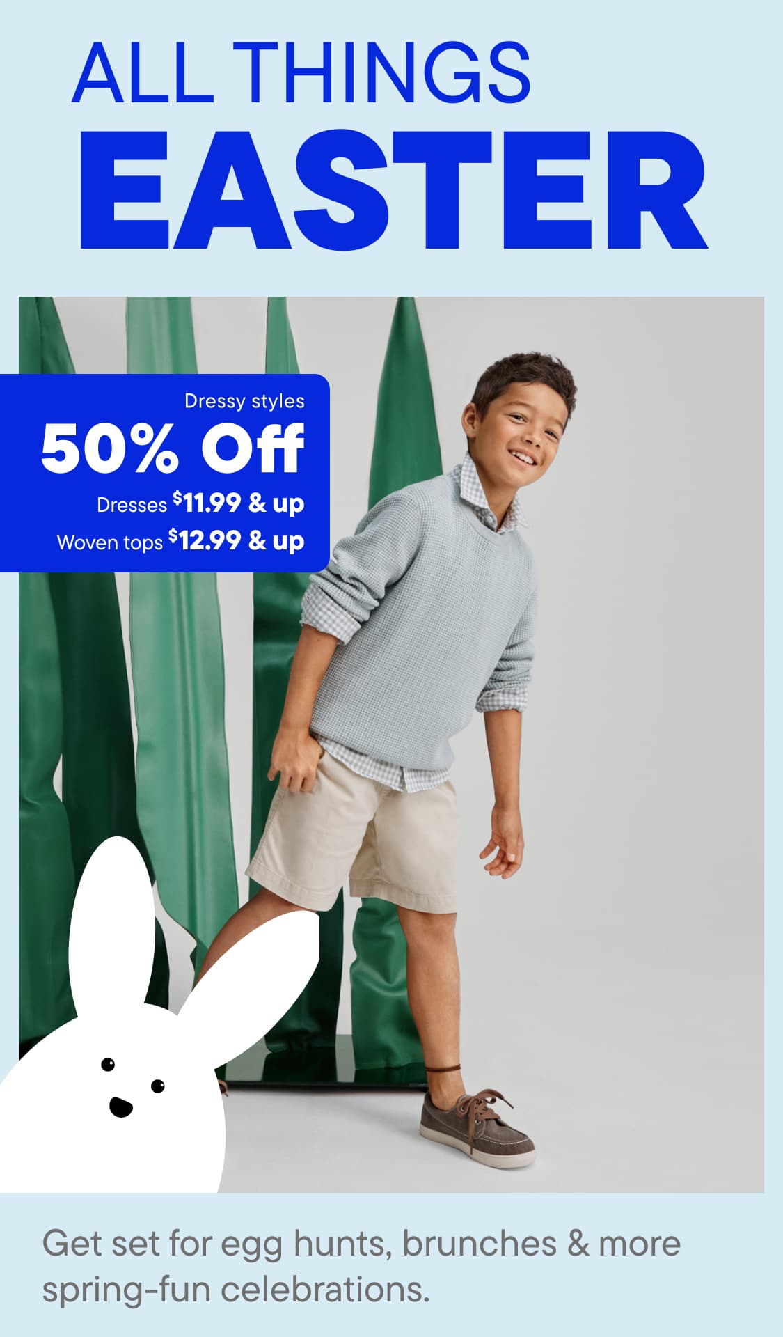 The image features a young boy wearing casual clothing, standing in front of a colorful Easter-themed background with a large rabbit figure and text advertising Easter sales.