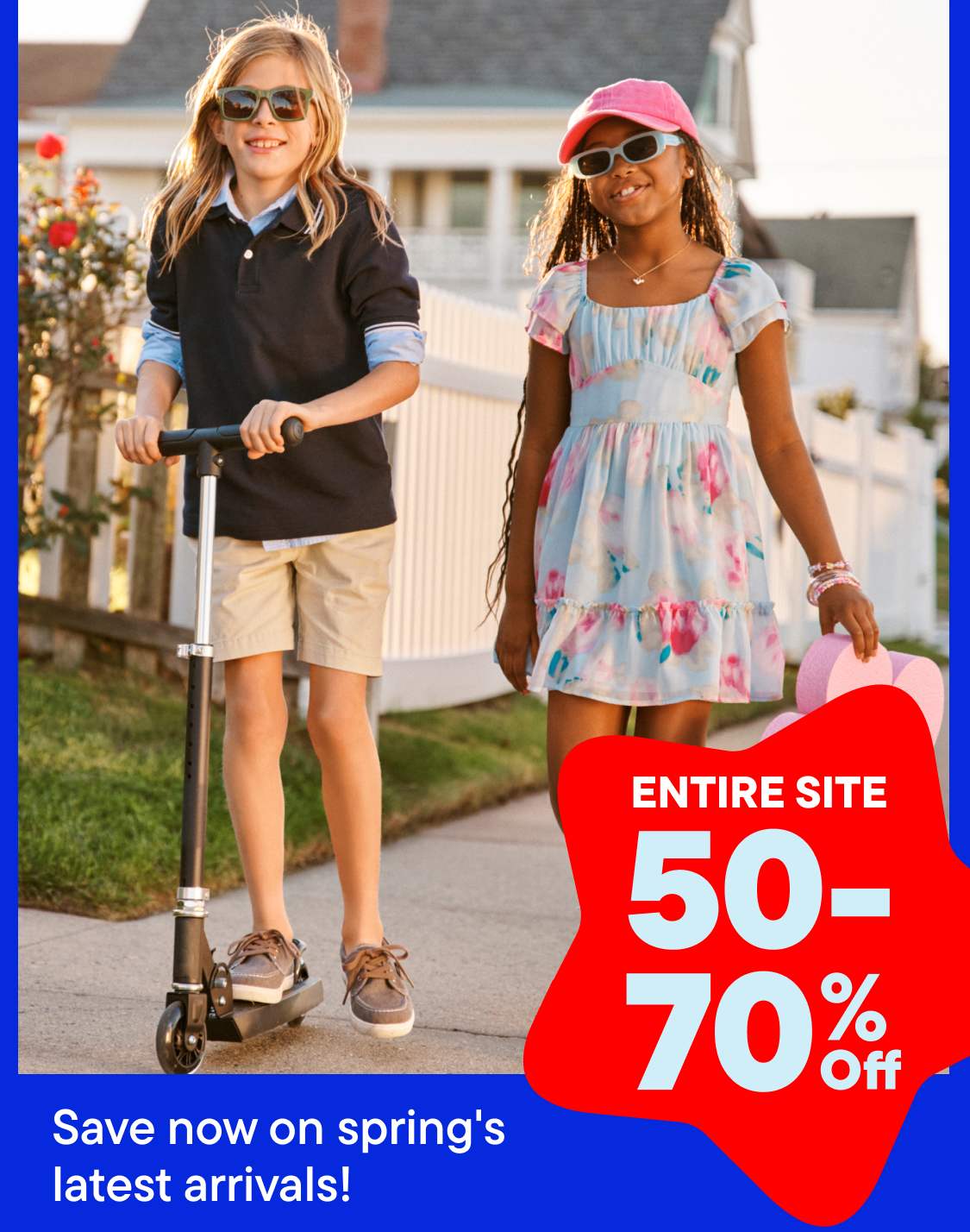 The image features two young women standing outdoors, wearing sunglasses and casual summer attire, with a large red sale sign in the background advertising a Presidents' Day sale with 50-70% off the entire site.