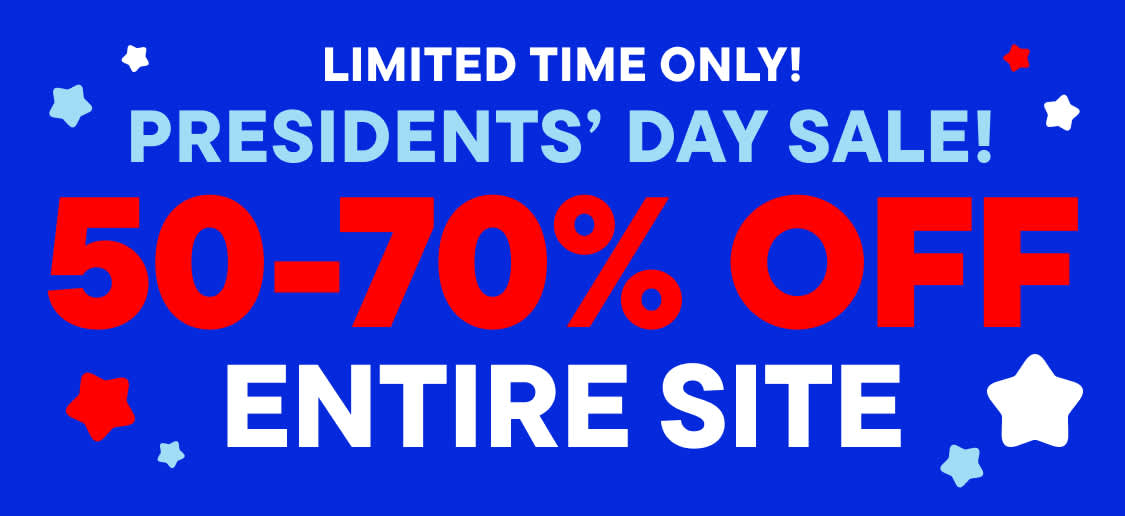 The image displays the word "PRESIDENTS’ DAY SALE!" in large, bold letters against a bright blue background.