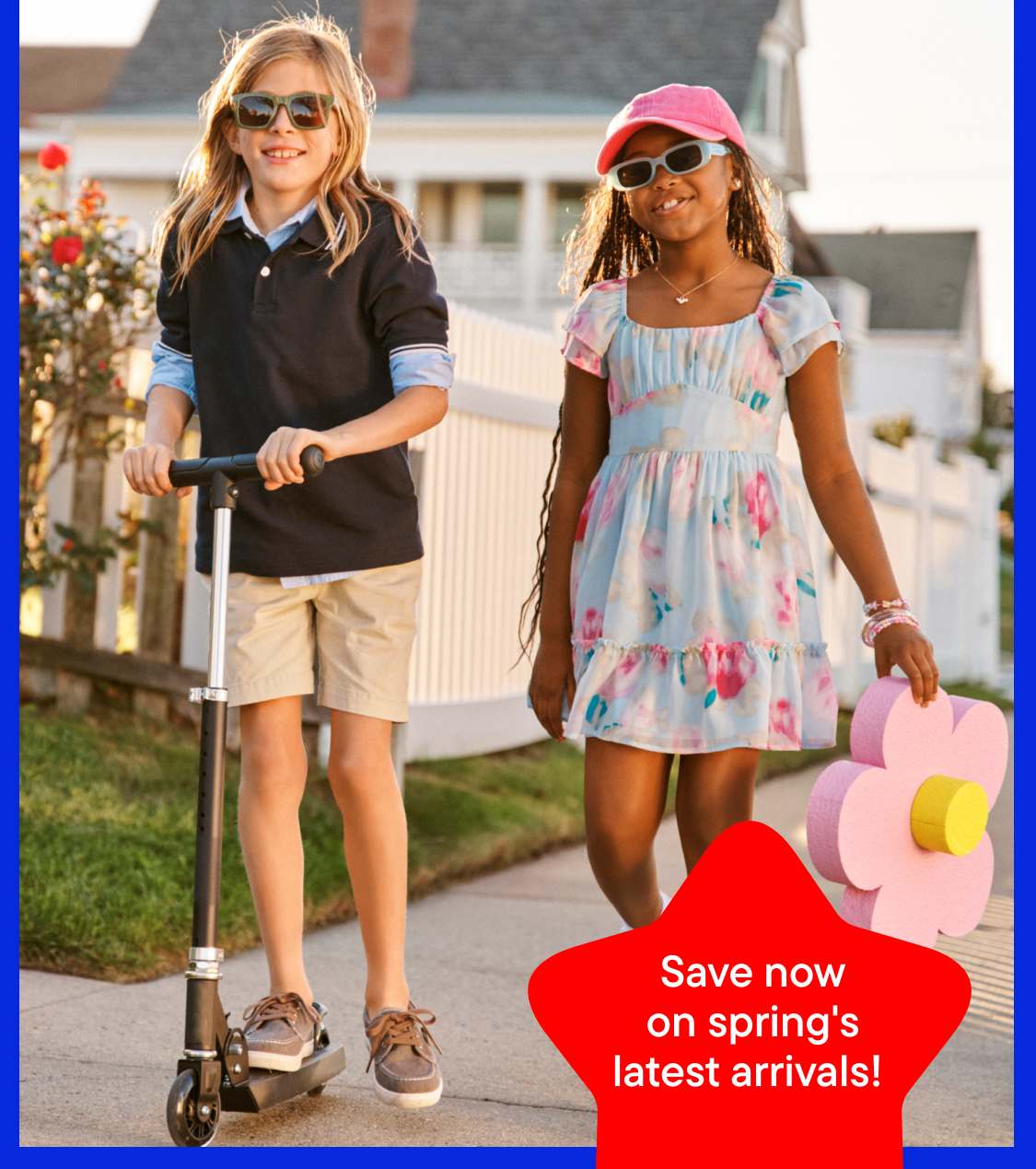 The image features two young women standing outdoors, wearing sunglasses and casual summer attire, with a large red sale sign in the background advertising a Presidents' Day sale with 50-70% off the entire site.