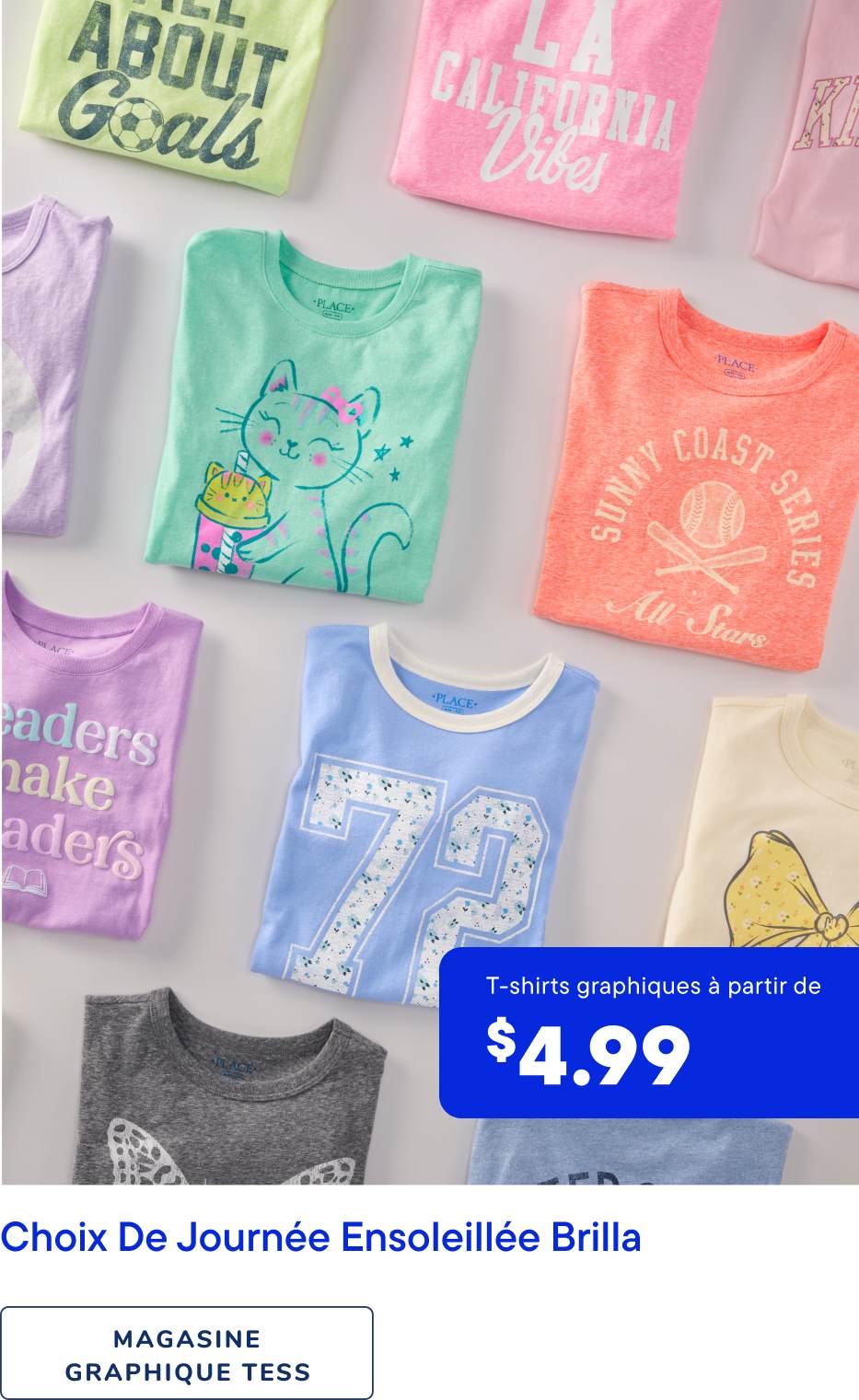 The image displays a variety of colorful graphic t-shirts, including designs featuring a cat, the text "About Cats", and other playful patterns, all set against a bright, sunny background.
