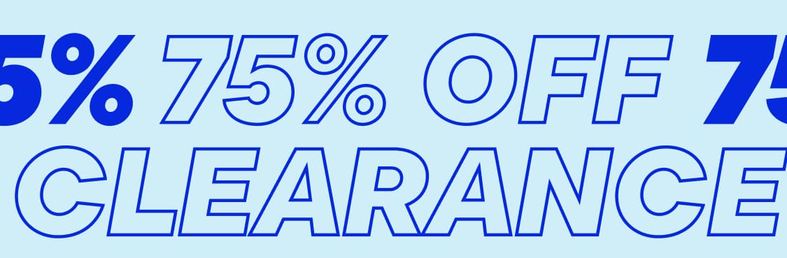 The image displays a large red sign with the word "up to 75% OFF CLEARANCE" and the price "$5.99 CHARACTER TEES" prominently displayed.