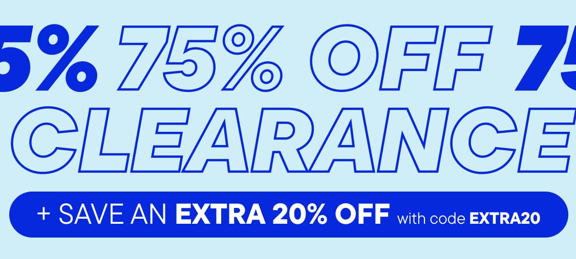 The image displays large blue text that reads "75% OFF CLEARANCE" with an additional message below stating "SAVE AN EXTRA 20% OFF with code EXTRA20".