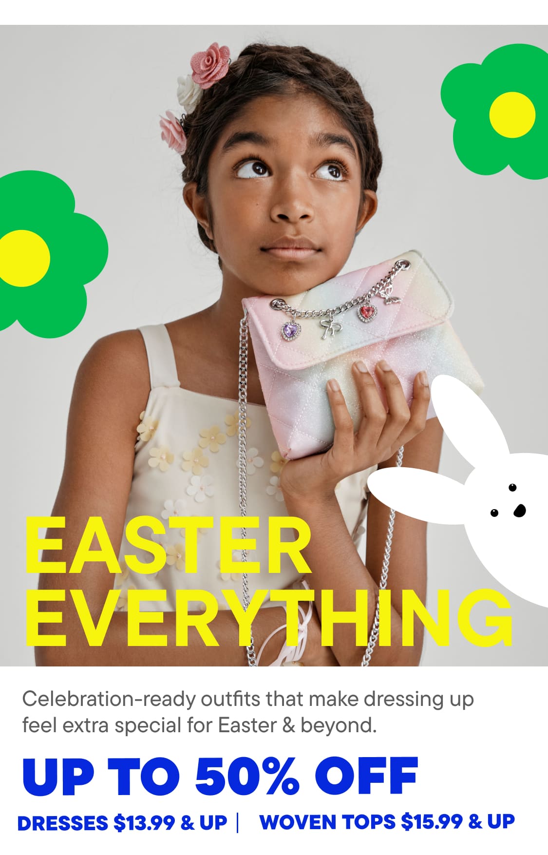 A young girl with a flower headband holds a pink Easter basket against a background of green flowers and the text "Easter Everything" promoting discounted dresses and tops.