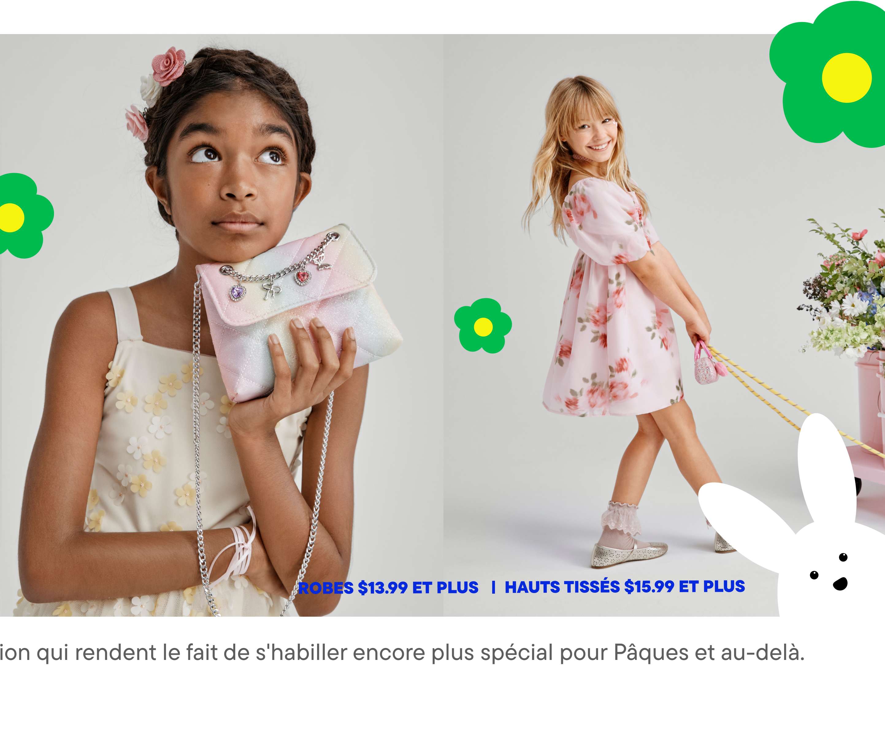 L'image montre un jeune garçon vêtu d'un pull gris et d'un short beige, se détachant sur un fond coloré à motifs floraux verts et jaunes. Le texte « PÂQUES TOUT » est mis en évidence, annonçant une promotion sur les robes et les hauts tissés.