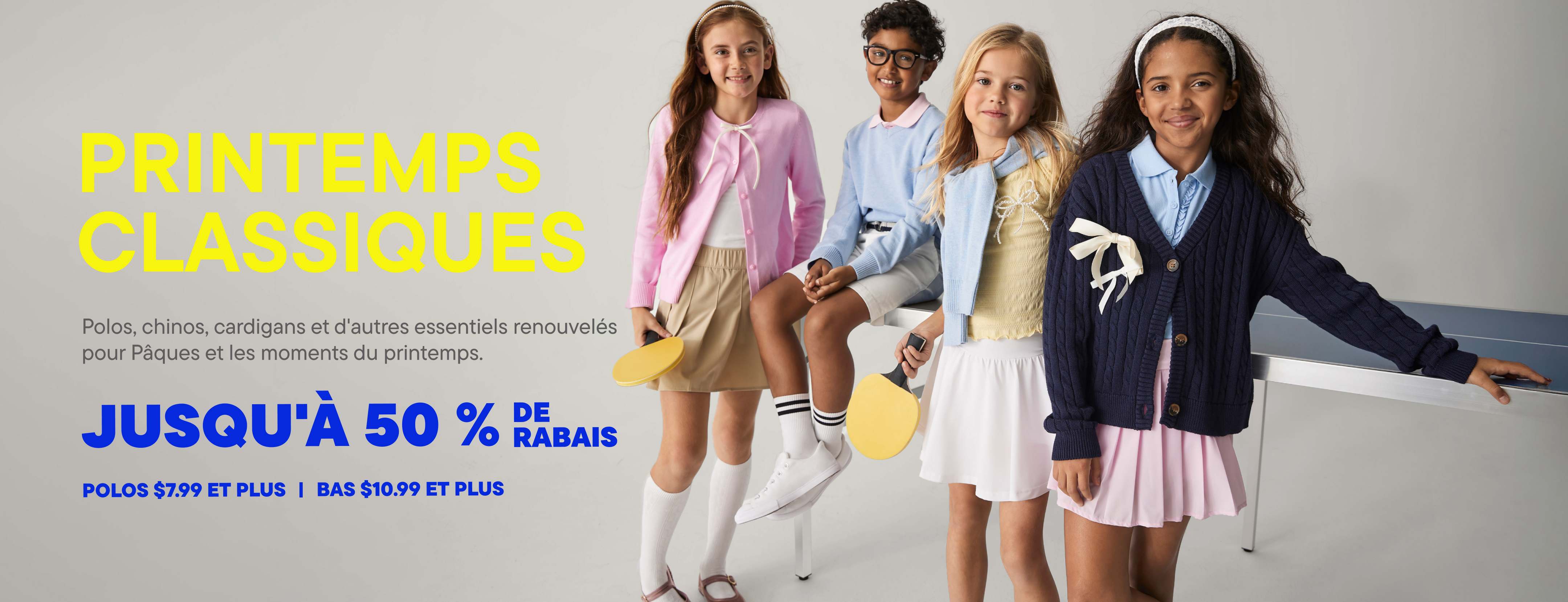 The image features a group of young women wearing various spring-themed clothing items, including cardigans, dresses, and skirts, against a plain background with a "Spring Classics" promotional text overlay.