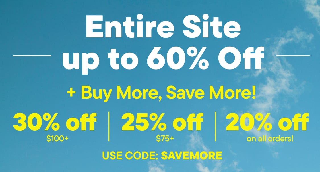 The image displays a promotional advertisement for a website, offering up to 60% off on the entire site and a 25% discount when spending $75 or more.