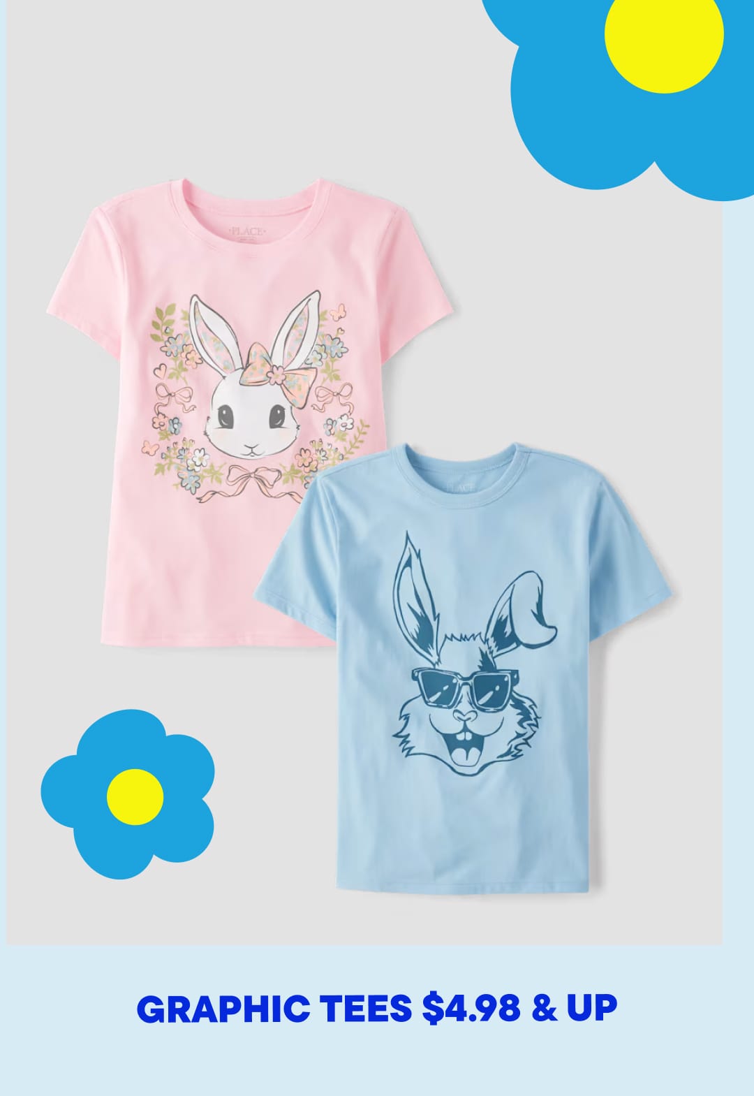 The image displays two graphic t-shirts featuring cartoon rabbit designs against a background of blue and yellow flowers.
