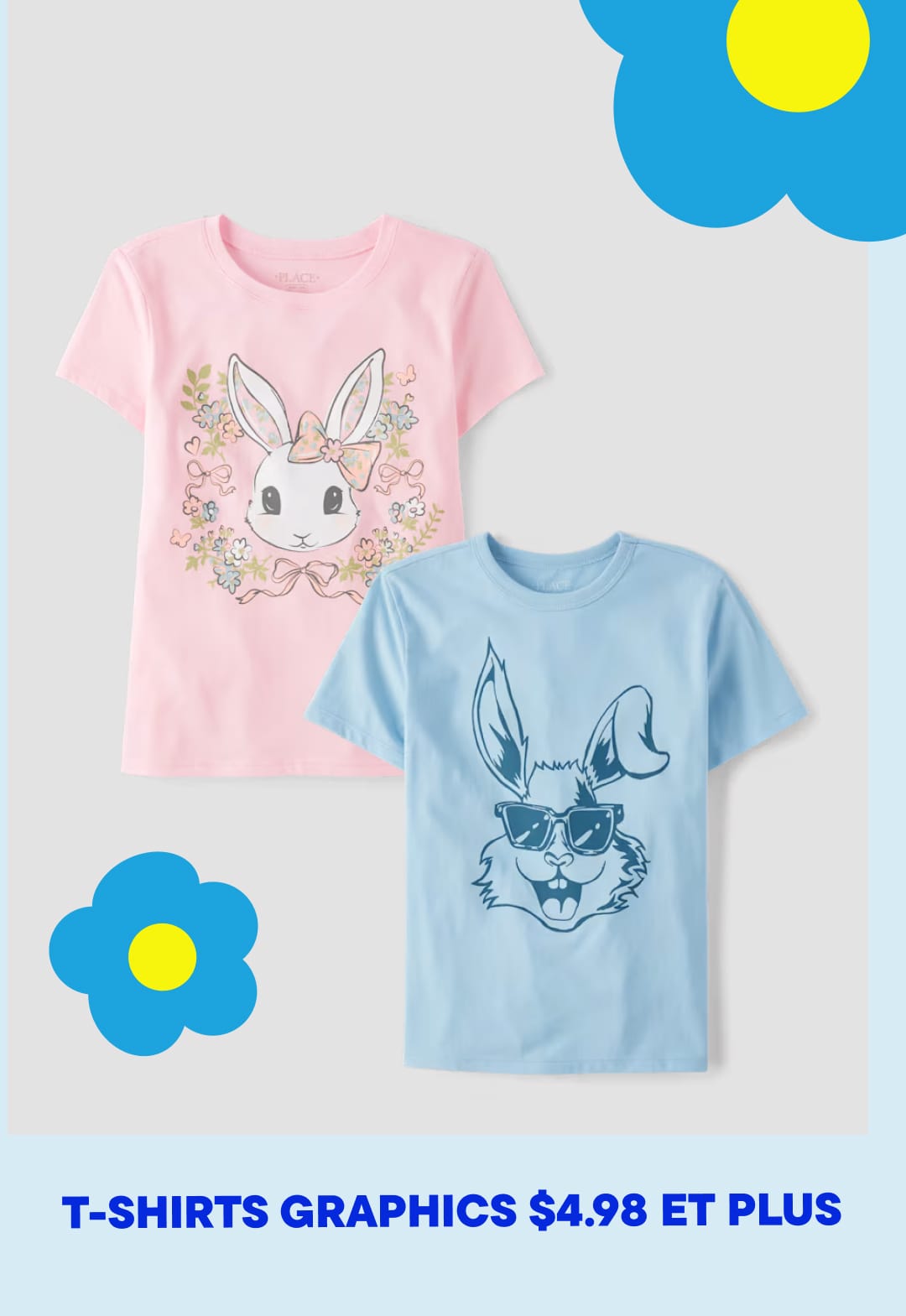 L'image présente deux t-shirts graphiques ornés de dessins de lapins de dessin animé sur un fond de fleurs bleues et jaunes.