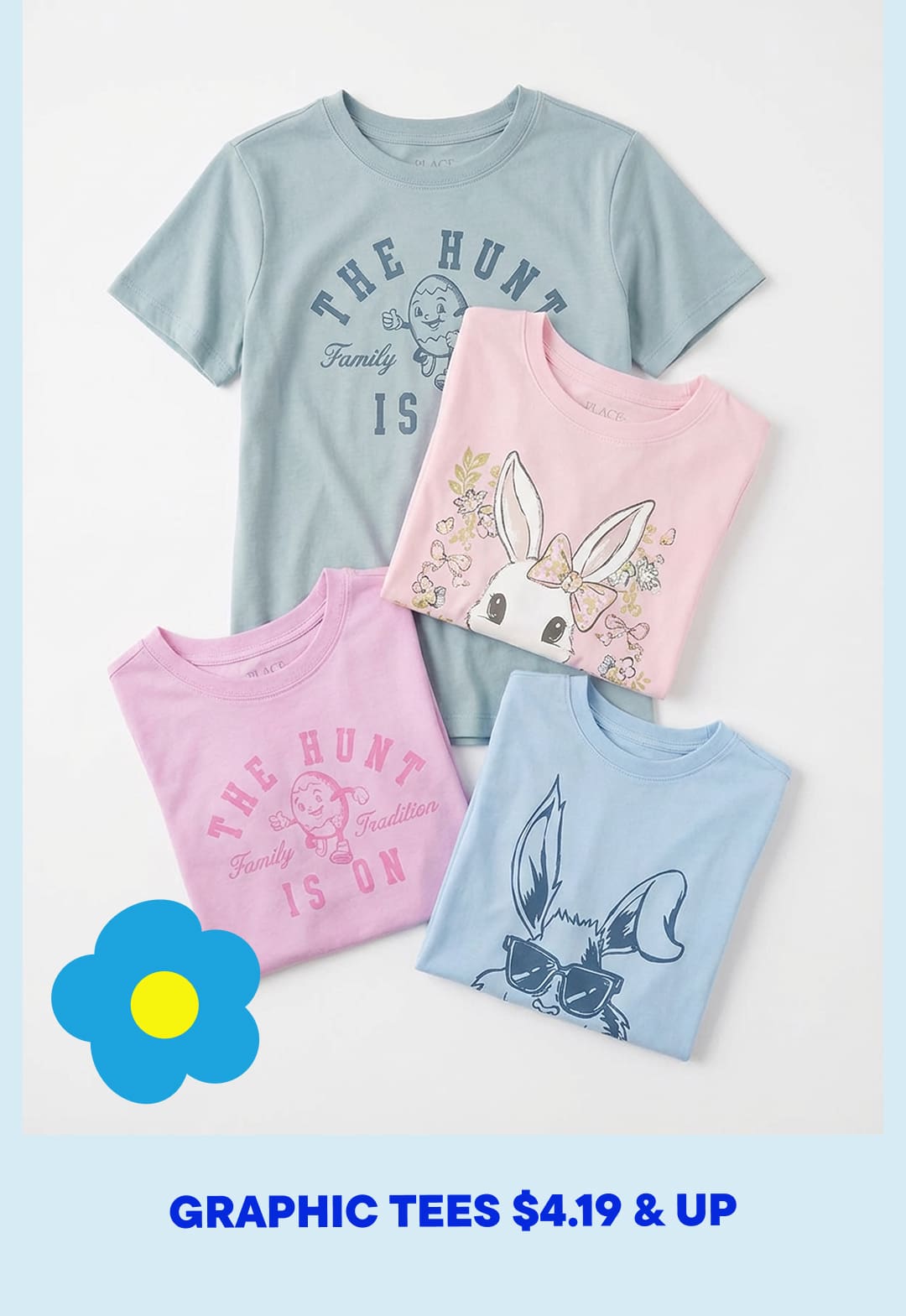 The image displays two graphic t-shirts featuring cartoon rabbit designs against a background of blue and yellow flowers.