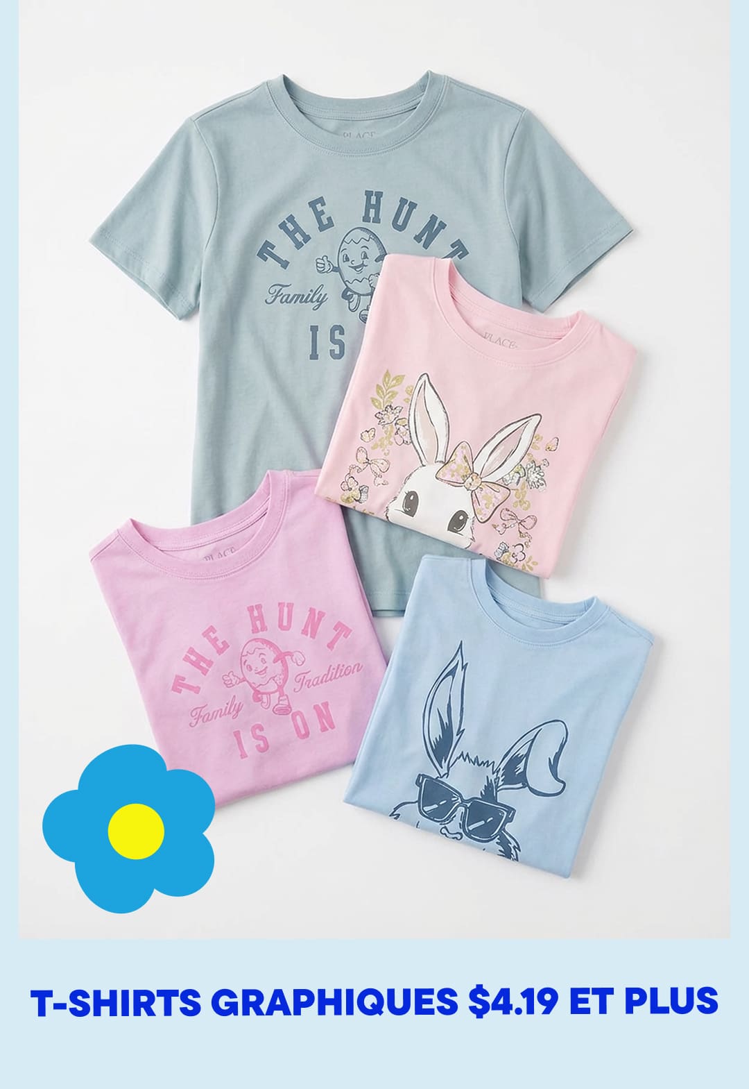 L'image présente deux t-shirts graphiques ornés de dessins de lapins de dessin animé sur un fond de fleurs bleues et jaunes.
