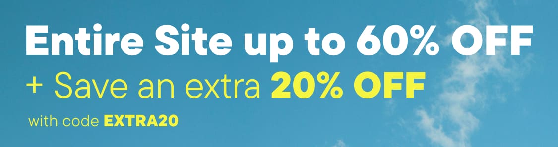 The image displays a blue sky background with white clouds, and in the foreground, there are text that reads "entire site up to 60% OFF" and "+ Save an extra 20% OFF - with code extra20"