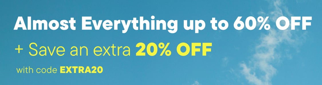 The image displays a blue sky background with white clouds, and in the foreground, there are text that reads "almost everything up to 60% OFF" and "+ Save an extra 20% OFF - with code extra20"