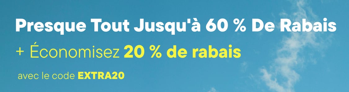 L'image présente un fond de ciel bleu avec des nuages ​​blancs, et au premier plan, on peut lire « presque tout jusqu'à 60 % de réduction » et « + Économisez 20 % supplémentaires avec le code extra20 ».