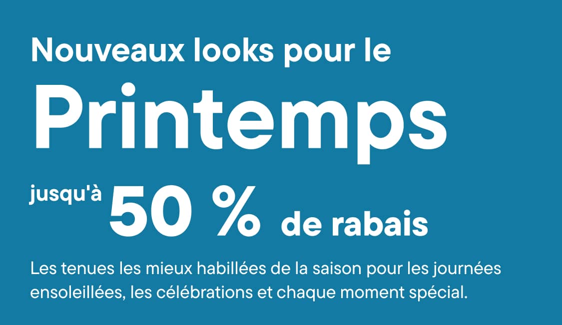 L'image est une publicité promotionnelle pour la mode printanière, avec le texte « Des looks frais pour le printemps » et « jusqu'à 50 % de réduction » sur un fond bleu vif.