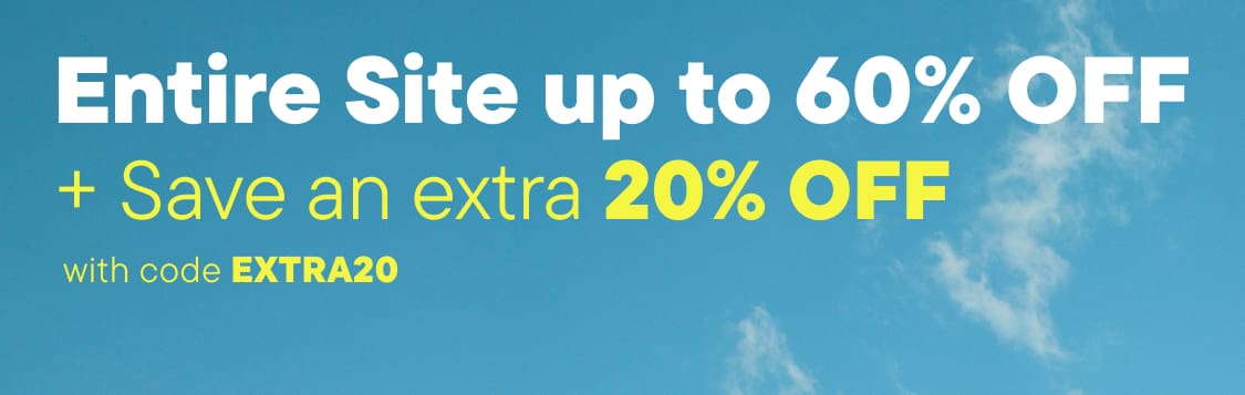 The image displays a blue sky background with white clouds, and in the foreground, there are text that reads "entire site up to 60% OFF" and "+ Save an extra 20% OFF - with code extra20"