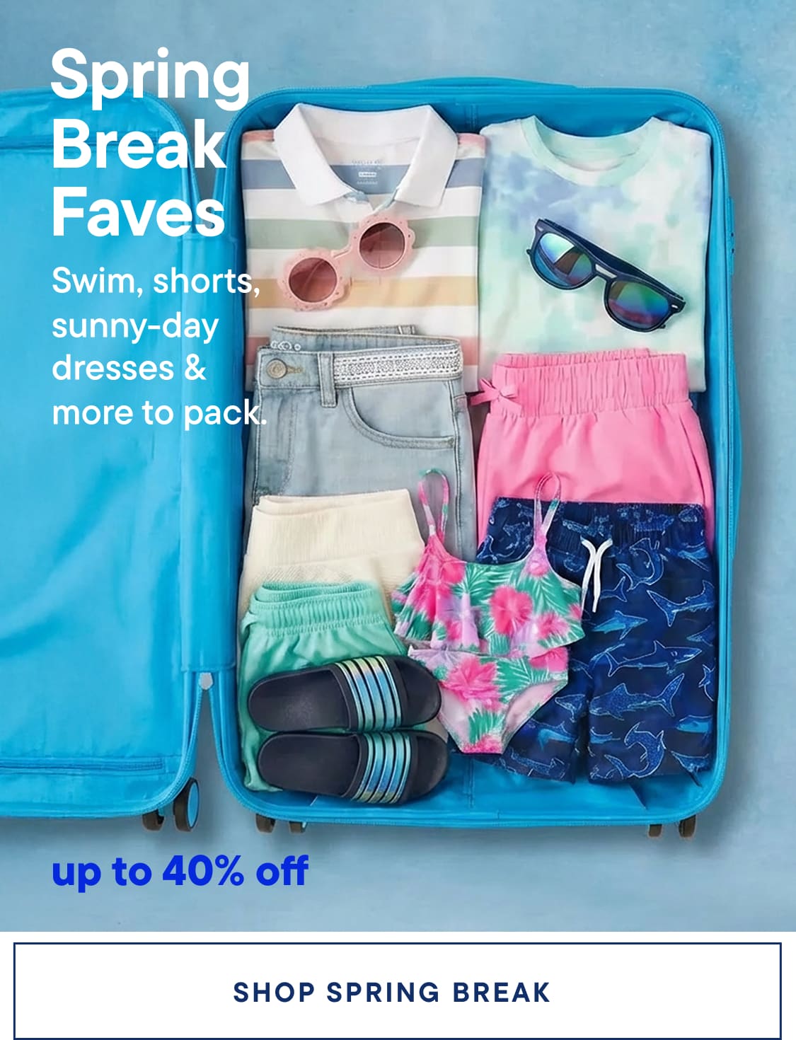 A vibrant and colorful suitcase filled with various spring break essentials, including swimwear, sunglasses, and casual clothing, set against a bright blue background.