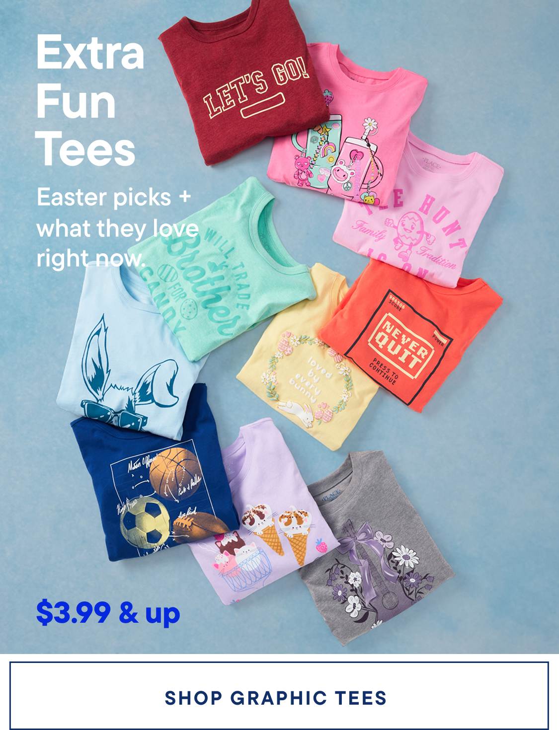 A collection of colorful graphic t-shirts featuring various designs and slogans, arranged on a light blue background.