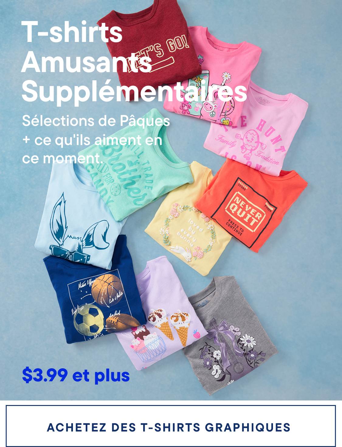 Une collection de t-shirts graphiques colorés présentant divers motifs et slogans, disposés sur un fond bleu clair.
