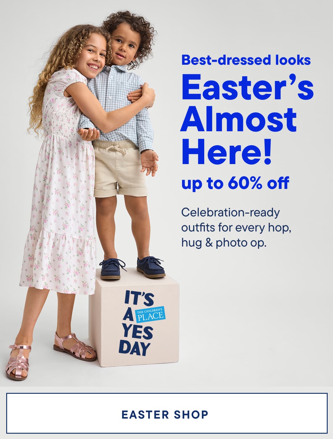The image features a display of Easter-themed clothing and accessories, including a sweater, shoes, and a dress, along with a promotional banner advertising a sale on "best-dressed looks" for the upcoming Easter holiday.