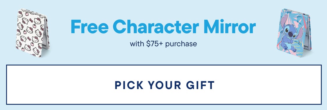 The image displays the text "Free Character Mirror with $75+ purchase" against a light blue background.