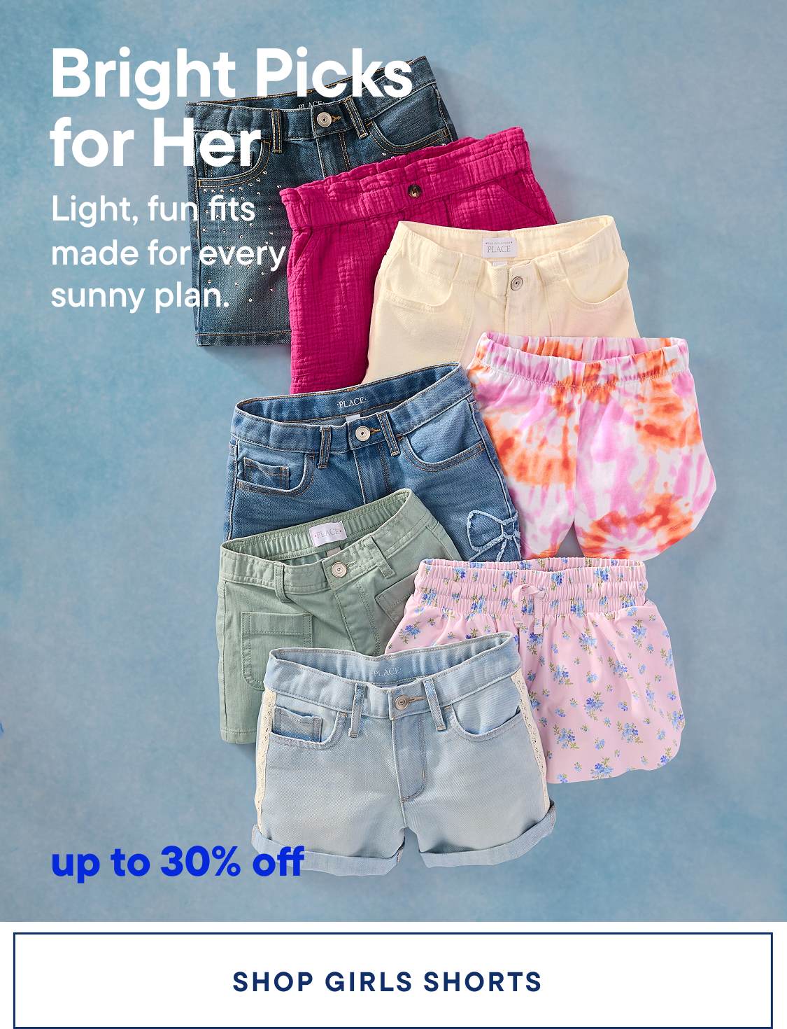The image features a collection of colorful and stylish girls' shorts, including denim, tie-dye, and floral patterns, against a bright blue background with the text "Bright Picks for Her" and "up to 60% off" displayed.