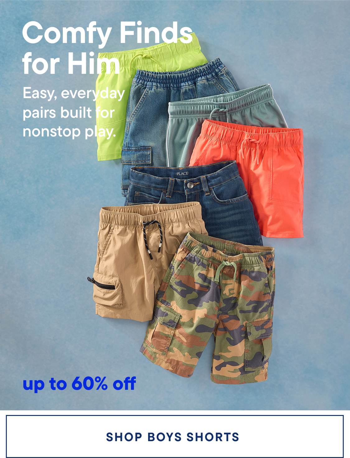 The image displays a variety of colorful and patterned boys' shorts, including solid colors, camouflage, and other designs, with the text "Comfy Finds for Him" and "up to 60% off" prominently featured.