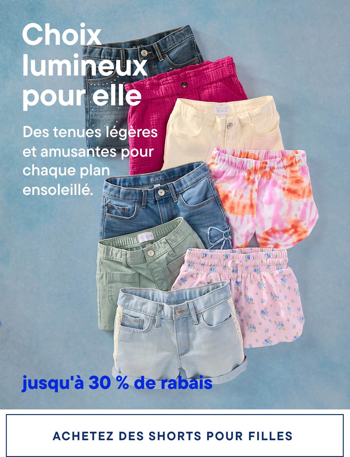 L'image présente une collection de shorts colorés et élégants pour filles, notamment en denim, tie-dye et à motifs floraux, sur un fond bleu vif avec le texte « Choix éclatants pour elle » et « jusqu'à 60 % de réduction ».