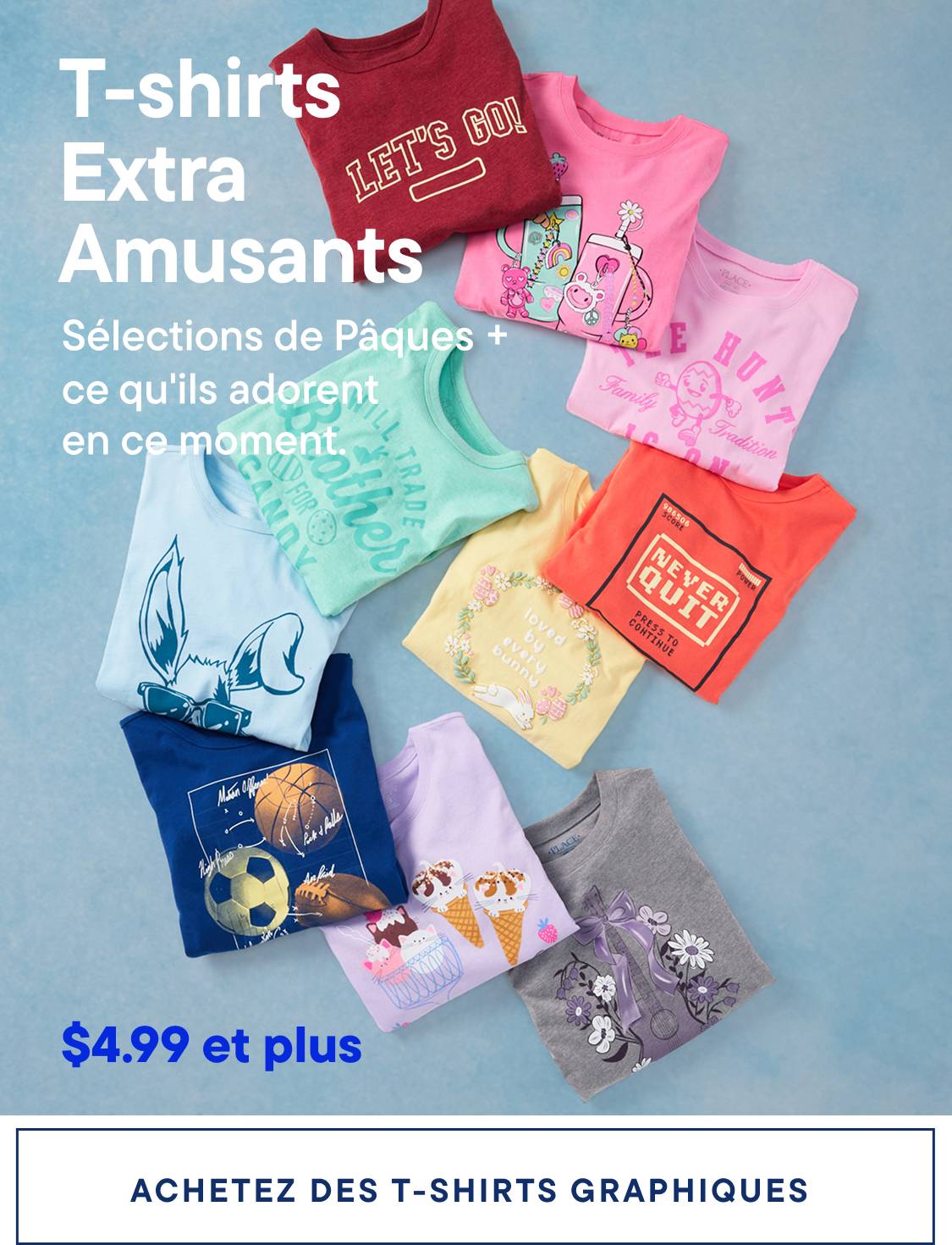 Une collection de t-shirts graphiques colorés présentant divers motifs et slogans, disposés sur un fond bleu clair.