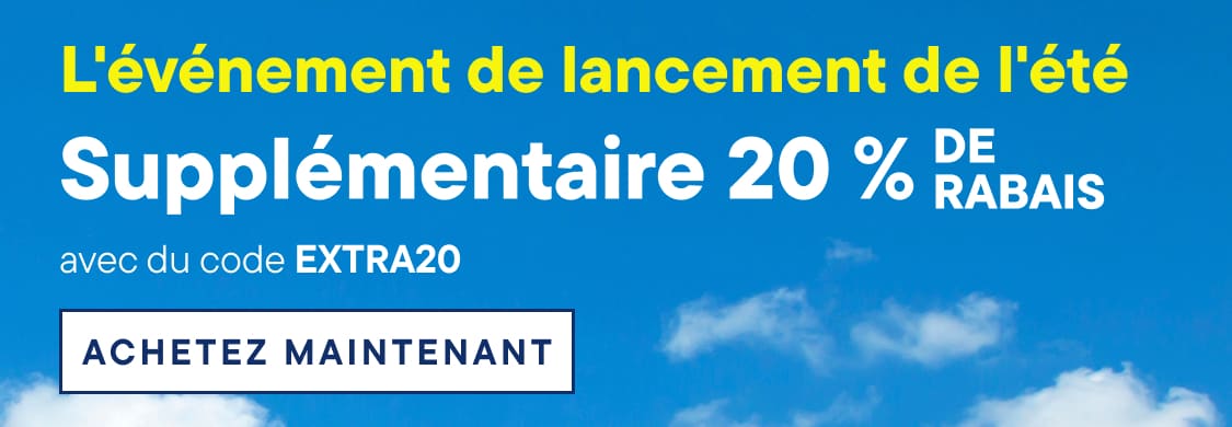 L'image affiche le texte « 20 % de réduction supplémentaire avec le code EXTRA20 ! Dernière chance de doubler vos points PLACE ! » sur un fond bleu clair.