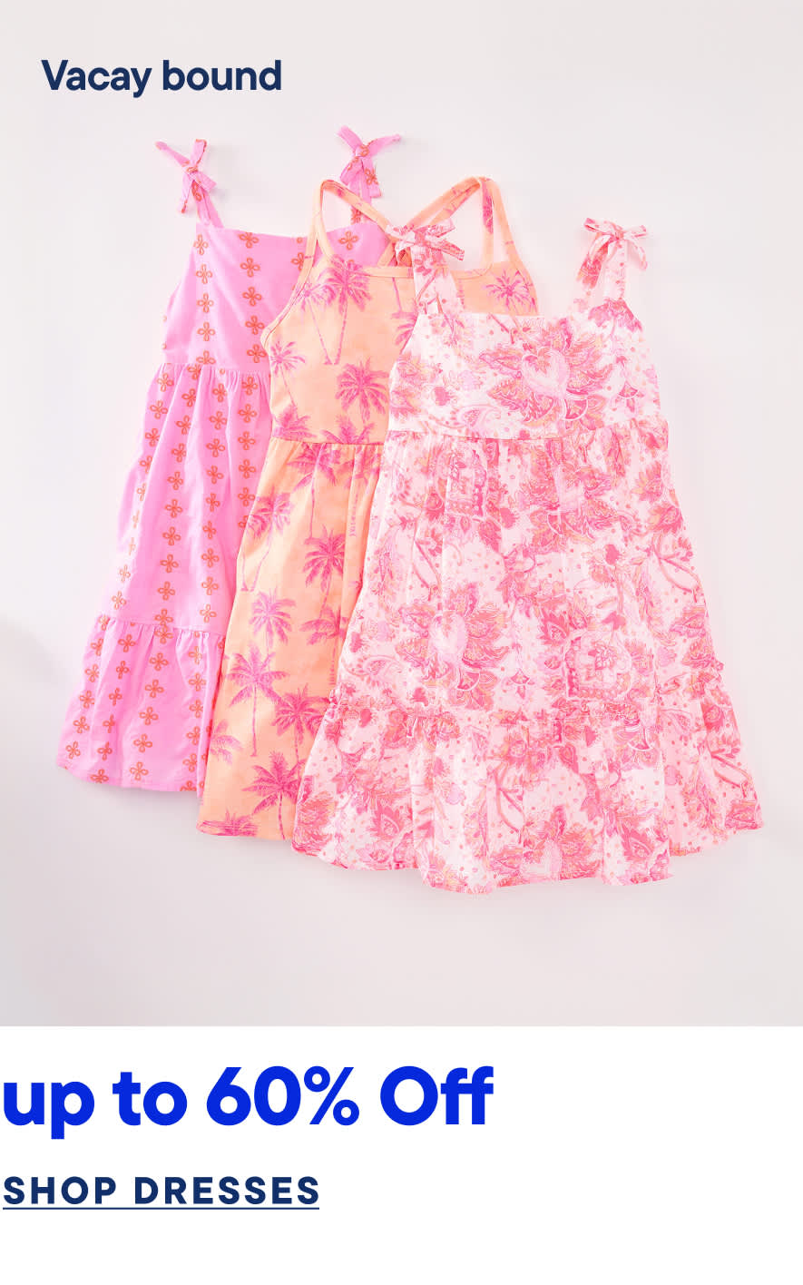 The image displays several colorful, floral-patterned dresses in shades of pink, arranged on a white background. The dresses appear to be part of a promotional offer for up to 60% off on dresses.