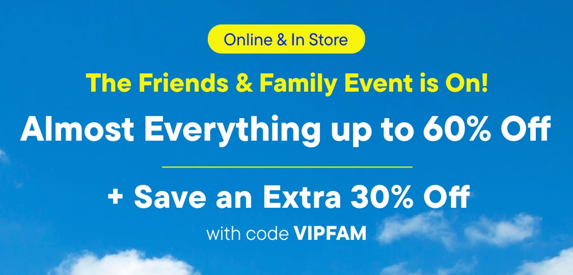 The image displays a blue background with large white text that reads "Everything 50% Off" and a smaller yellow text that says "Save 30%".