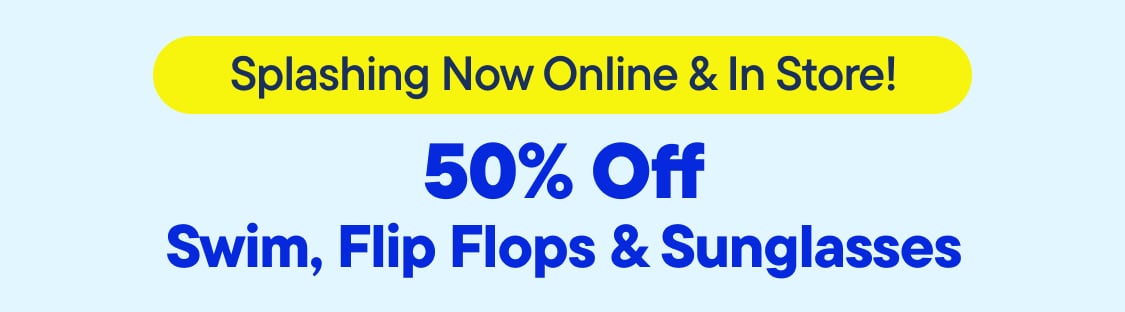 The image displays a yellow banner with the text "Shopping Now Online & In Store" and a blue banner with the text "Swim, Flip Flops & More" against a light blue background.