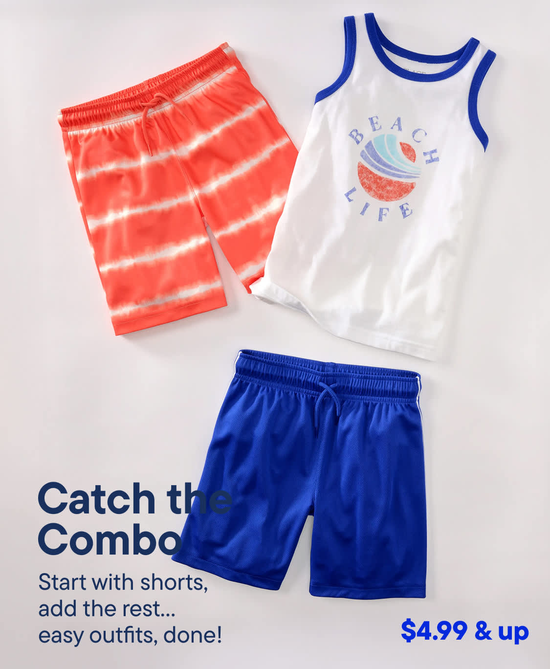 The image shows a set of children's clothing, including a white tank top with a graphic design, red and white striped shorts, and blue shorts. The items are arranged on a plain white background with text indicating that this is a "Catch the Combo" outfit set.