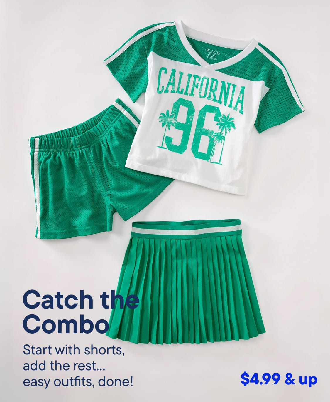 The image shows a green and white outfit consisting of a t-shirt with "CALIFORNIA 96" printed on it, green shorts, and a green pleated skirt, all displayed on a white background.