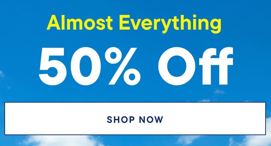 The image features the word "Almost Everything 50% Off" written in large yellow letters against a bright blue background.