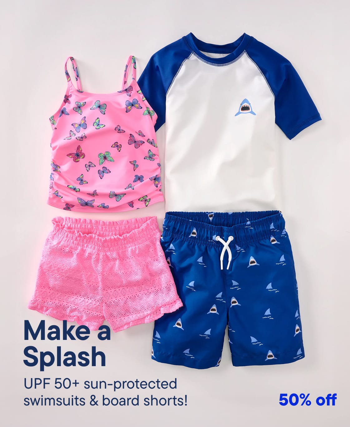 The image displays a set of children's swimwear, including a pink butterfly-patterned tank top, blue and white striped rash guard, and navy blue board shorts with a sailboat print, all of which are advertised as UPF 50+ sun-protected swimsuits and board shorts.