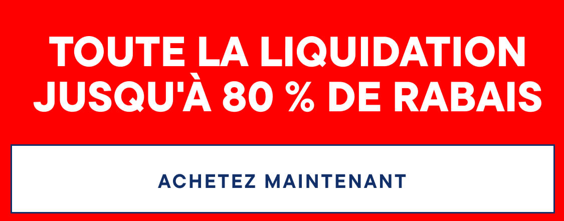 L'image affiche le texte « Tout en Liquidation à -80 % » en grandes lettres blanches sur un fond rouge vif.