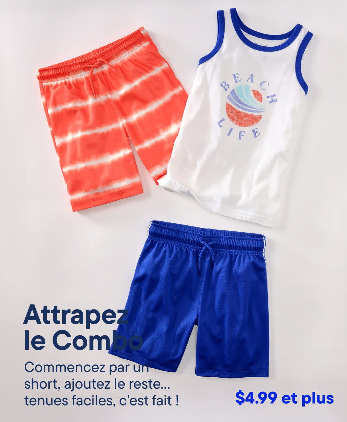 The image shows a set of children's clothing, including a white tank top with a graphic design, red and white striped shorts, and blue shorts. The items are arranged on a plain white background with text indicating that this is a "Catch the Combo" outfit set.