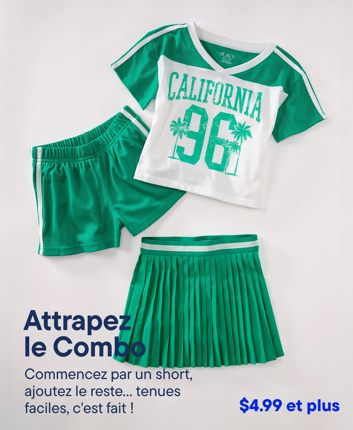 The image shows a green and white outfit consisting of a t-shirt with "CALIFORNIA 96" printed on it, green shorts, and a green pleated skirt, all displayed on a white background.